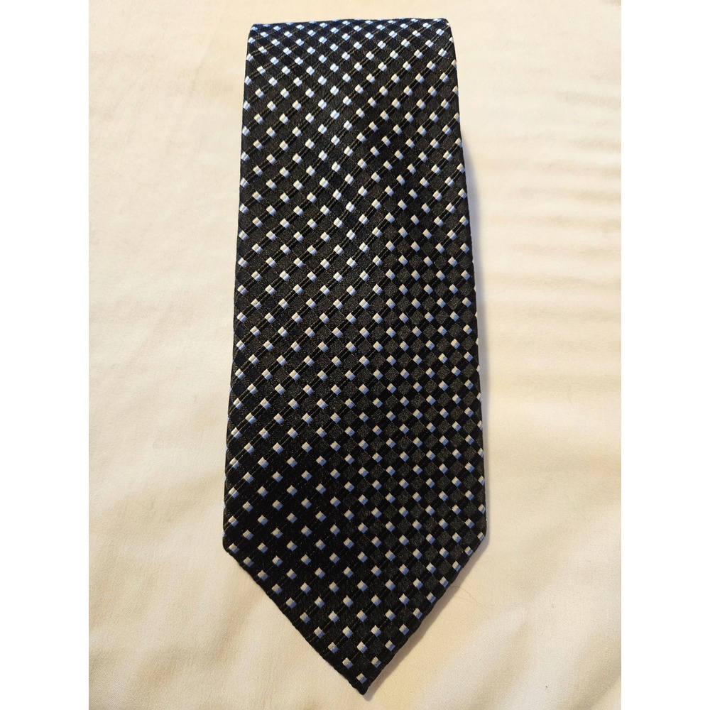 Palatina Mens Silk Necktie Black Blue Silver Geometric Pattern 3.5in Width